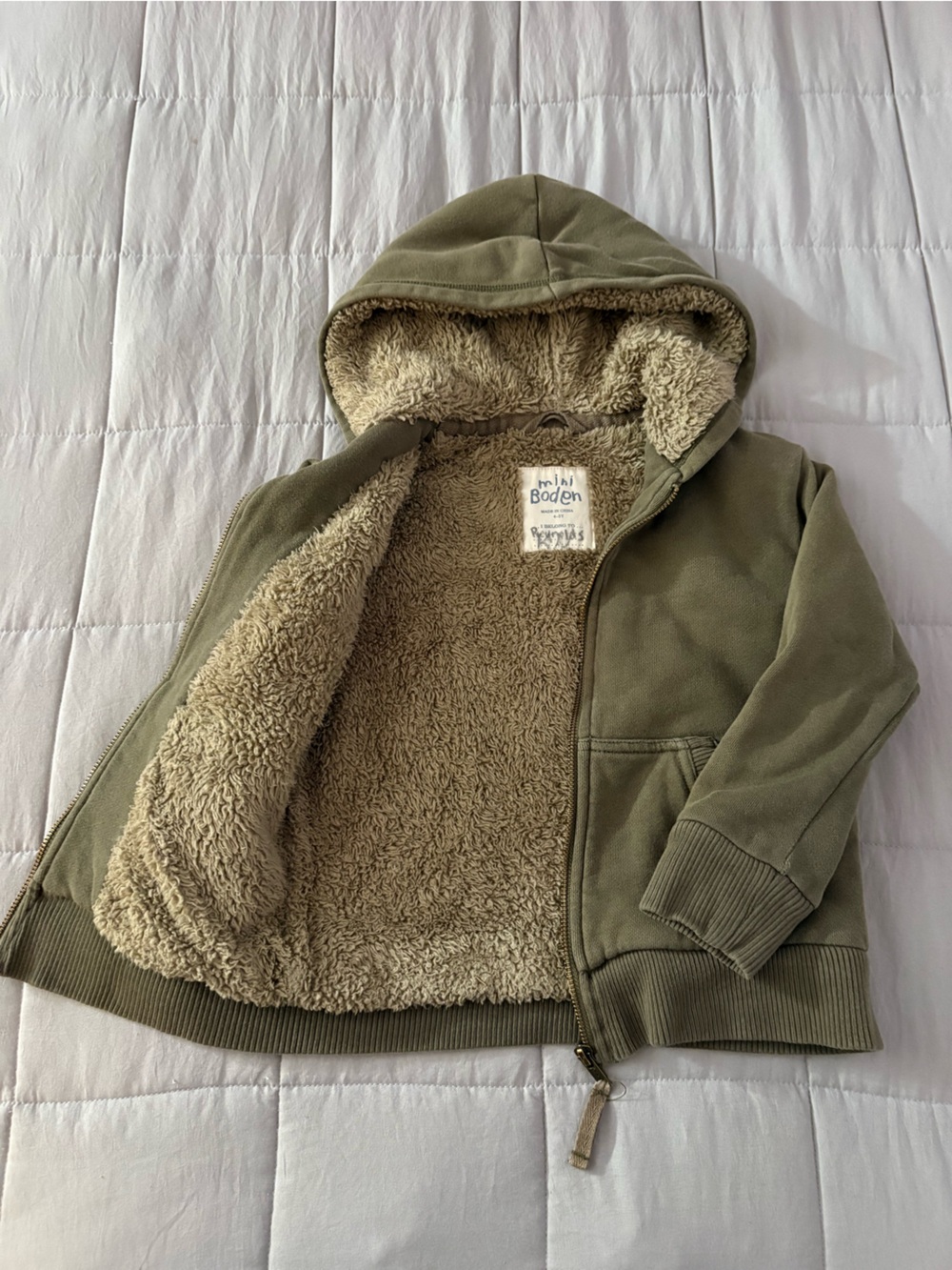 Mini Boden Sherpa lined sweatshirt for kids, size 4-5